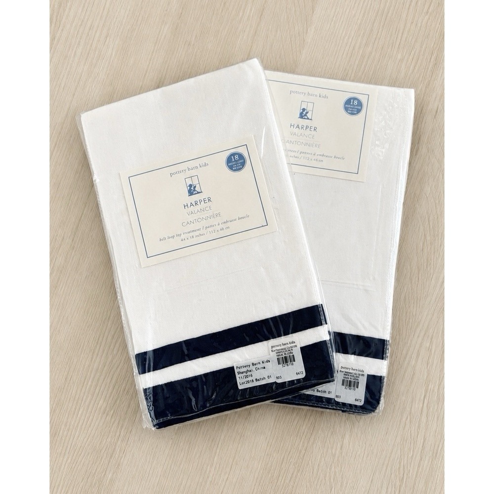 Pottery Barn Kids Harper Navy Grosgrain Stripe Valance 44x18 Set of 2 New